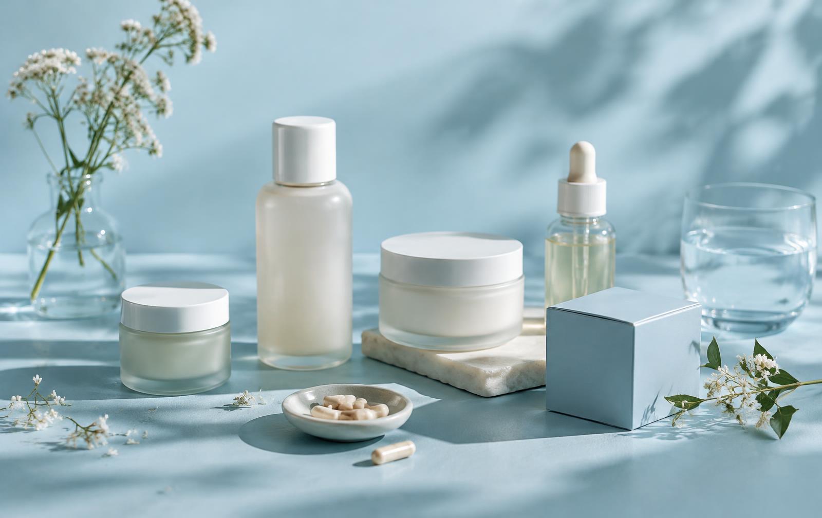 Produits de bien-être sur une surface bleu clair